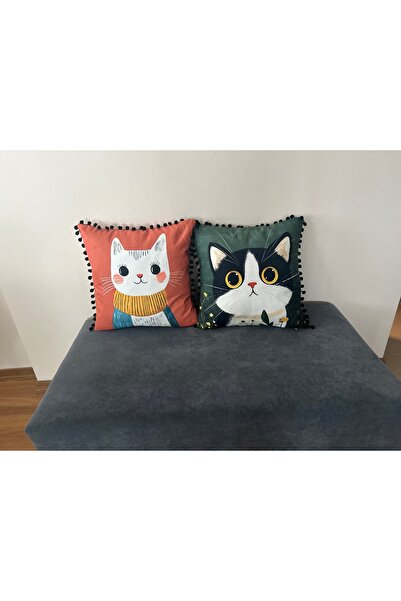 KEDİ My Beautiful Cat Pompon Edge Throw Pillow Cover Set of 2