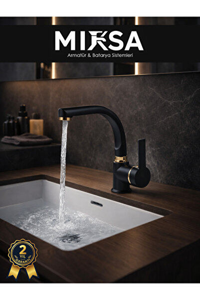 MİXSA Lüx Siyah-Gold Armut BalıkSırtı Borulu Banyo Lavabo Bataryası, Musluğu,...