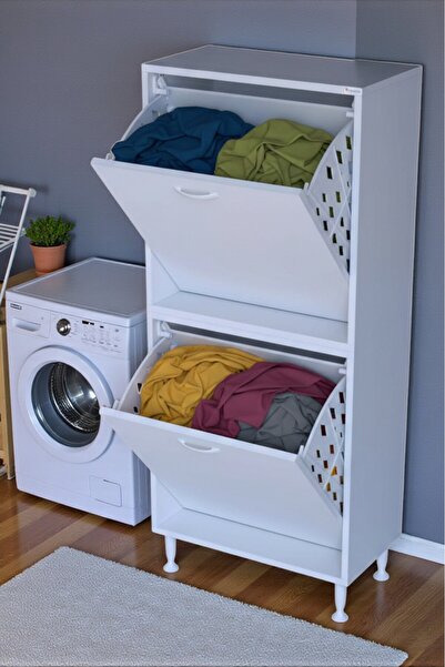 Eliusta Veluna 65 cm Kirli Çamaşır Sepetli Dolap Banyo Dolabı Beyaz 65x173x32...