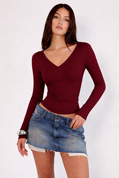 ÖZ PAMUK V Yaka Basic DÜZ Kumaş Uzun Kollu Likralı Bluz