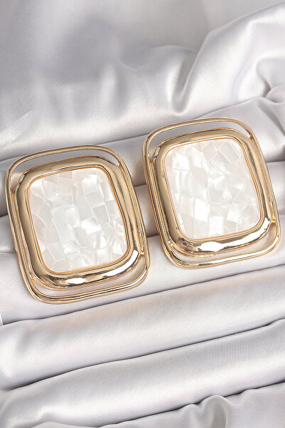 Mustran Brass Gold Color White Enameled Square Model Women's Earrings