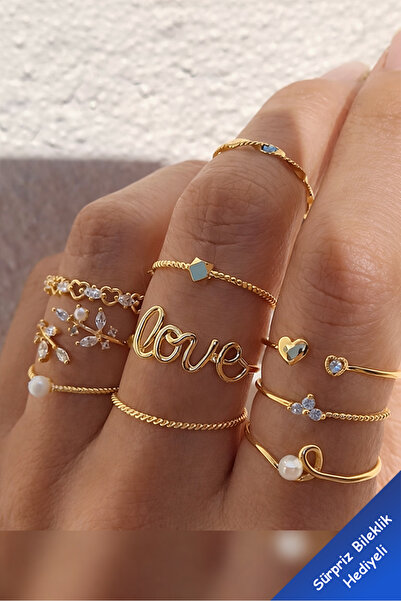 The Collection 10-Piece Combination Love Written Gold Stone Ring Set