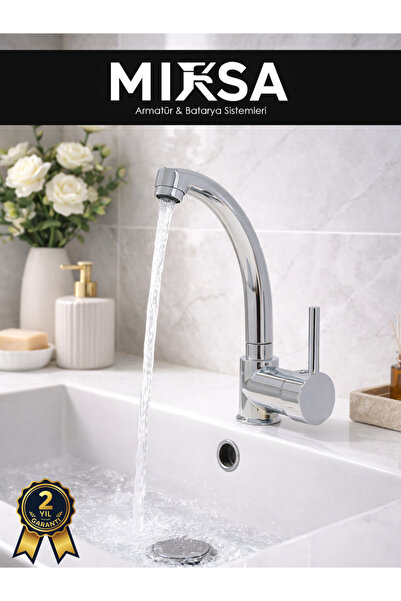MİXSA Armut Kuğu Borulu Banyo Lavabo Bataryası Çeşmesi Musluğu Çift Su Girişli