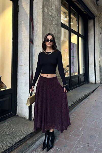 Trendalya Çiçek Desenli Tül Asimetrik Kesim Uzun Etek