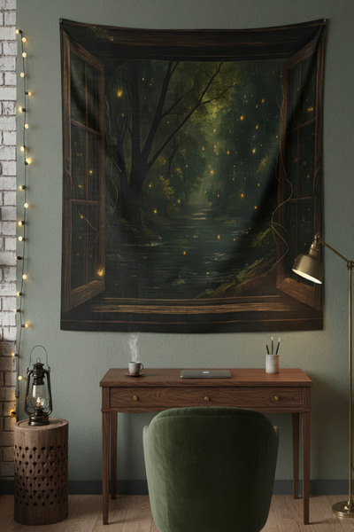 Nivendi Açık Pencere ve Büyülü Orman Manzarası Kumaş Duvar Örtüsü Ev Dekorasyon