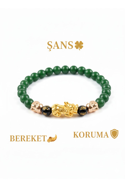 PİRAMİGO Jade Stone Abundance Prosperity Bracelet - Lucky Gold Color Pi Xiu Talisman with Protective Mantra
