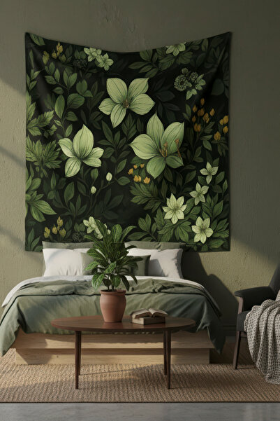 Nivendi Yeşil Çiçekli Botanik Desenli Kumaş Duvar Örtüsü Ev Dekorasyon Duvar ...