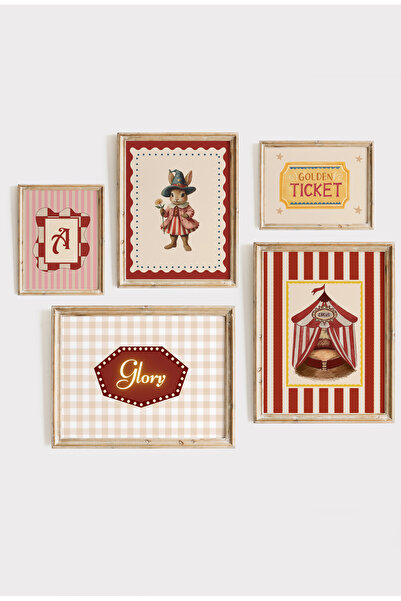 leilart Retro Sirk Temalı 5'li Çerçeveli Tablo Seti - Çocuk ve Bebek Odası Du...