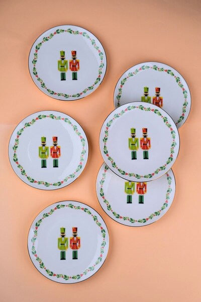 tabakevi Tabak Evi Porcelain Gold Gilded Lead Soldier Cake Plate 20.50cm Set of 6