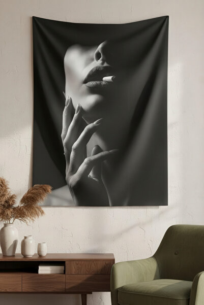 Nivendi Sigara İçen Kadın Siyah Beyaz Kumaş Duvar Örtüsü Ev Dekorasyon Duvar ...