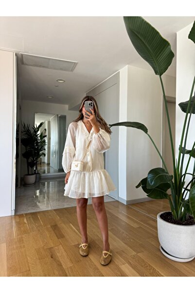MERVE AKSOY Ekru Fırfır Detaylı Elbise