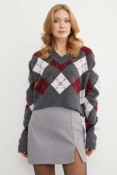 Fulla Moda Πλεκτό πουλόβερ με διαμάντι με λαιμόκοψη