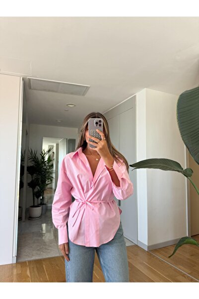 MERVE AKSOY Bağlama Detaylı Poplin Gömlek - Pembe