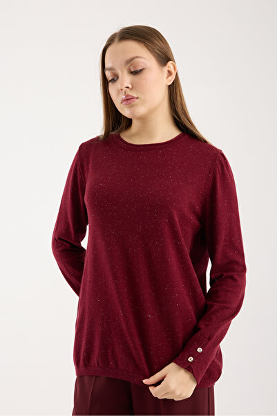 Moda Days Women's Burgundy Wide Buttoned Cuffed Round Neck Glitter Knitwear B...