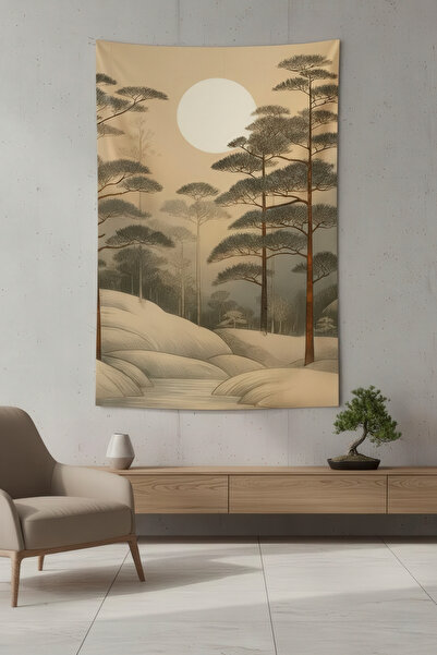 Nivendi Zen Ormanı ve Ay Kumaş Duvar Örtüsü Ev Dekorasyon Duvar Halısı Tapestry
