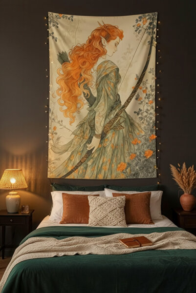 Nivendi Elf Okçu Kadın Sanatsal Kumaş Duvar Örtüsü Ev Dekorasyon Duvar Halısı...
