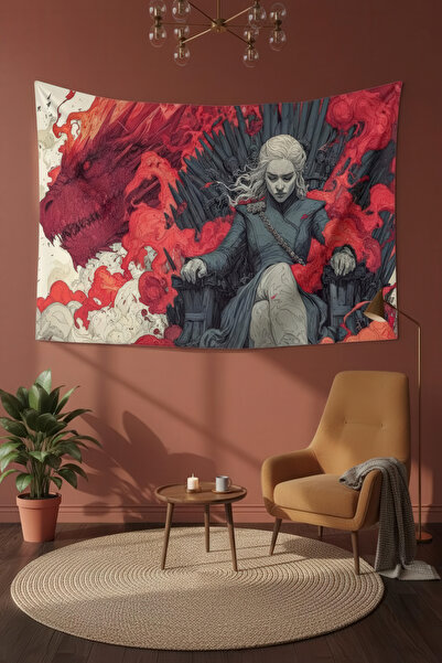 Nivendi Kızıl Ejderha ve Khaleesi Portresi Kumaş Duvar Örtüsü Ev Dekorasyon D...