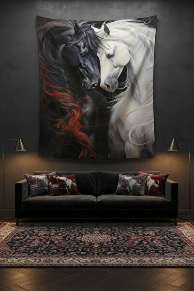 Nivendi Yin Yang Atları Siyah Beyaz Kumaş Duvar Örtüsü Ev Dekorasyon Duvar Ha...