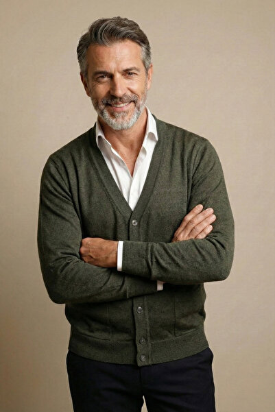 nacar çarşı Men's Father Khaki Buttoned Pocket Basic Knitwear Cardigan