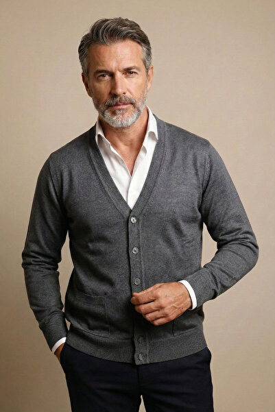 nacar çarşı سترة تريكو أساسية للرجال من دادا باللون الرمادي مع جيوب وأزرار