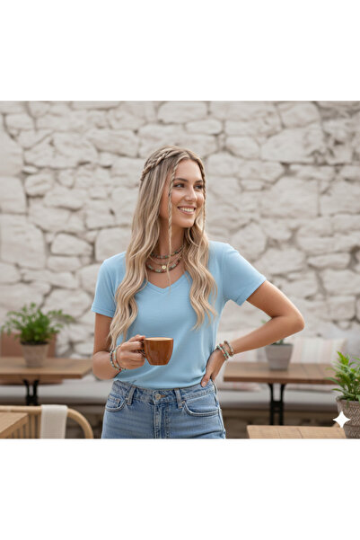 FAVORİST V-Neck Plain Unprinted Soft Fabric Women's T-Shirt