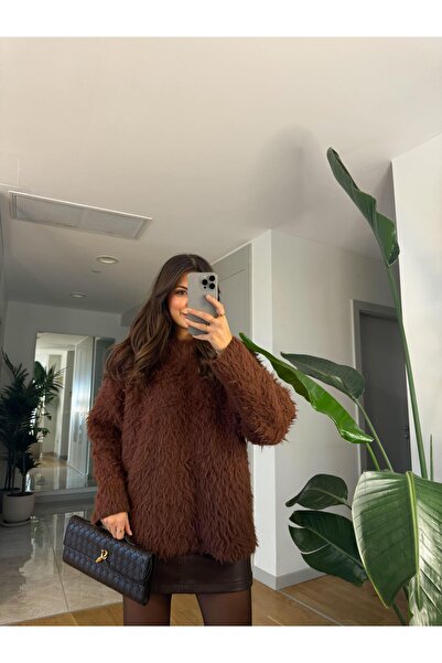 MERVE AKSOY Giona Tüylü Premium Kazak-Kahve