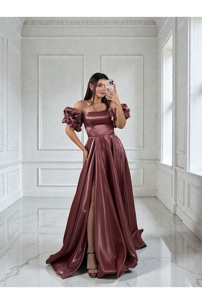 OLA Nora Balon Kollu Parlak Saten Yırtmaçlı Gül Kurusu Abiye Elbise