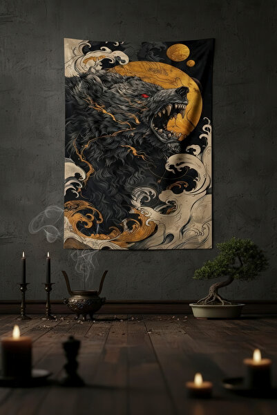 Nivendi Kızgın Kurt ve Dalgalar Çizimi Kumaş Duvar Örtüsü Ev Dekorasyon Duvar...