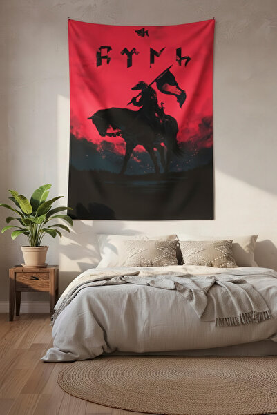 Nivendi Göktürk Atlı Okçu ve Türk Yazısı Kumaş Duvar Örtüsü Ev Dekorasyon Duv...