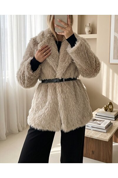 Modamorfo 5186 Double Breasted Plush Fur Coat - Cream