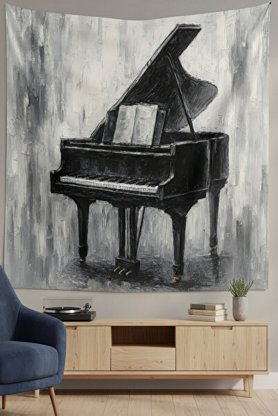 Nivendi Kuyruklu Piyano ve Notalar Tablosu Kumaş Duvar Örtüsü Ev Dekorasyon D...