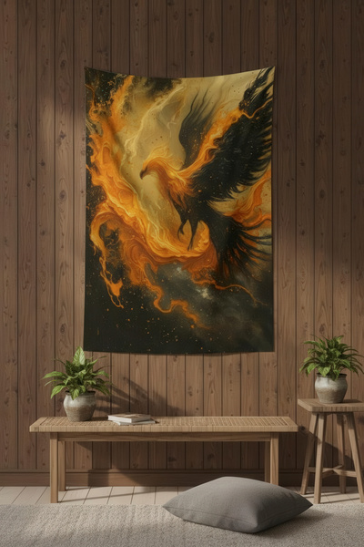 Nivendi Küllerinden Doğan Anka Kuşu Çizimi Kumaş Duvar Örtüsü Ev Dekorasyon D...