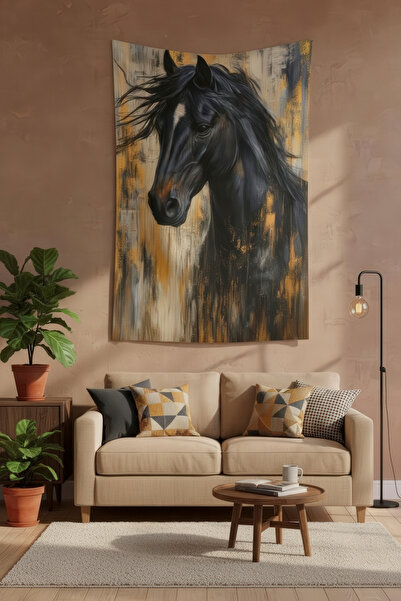 Nivendi Soyut Siyah At Portresi Modern Kumaş Duvar Örtüsü Ev Dekorasyon Duvar...