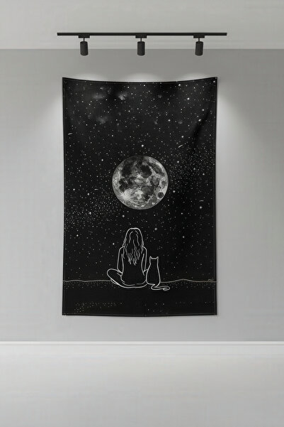 Nivendi Ayı İzleyen Kız ve Kedi Kumaş Duvar Örtüsü Ev Dekorasyon Duvar Halısı...