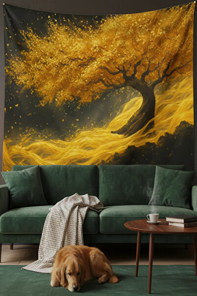 Nivendi Altın Hayat Ağacı Duvar Örtüsü Ev Dekorasyon Duvar Halısı Tapestry