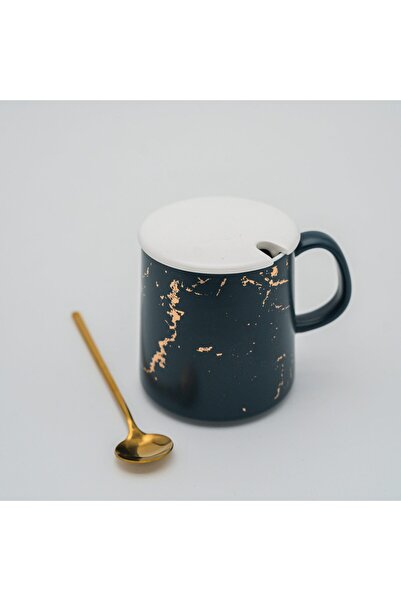 Moon House Set de căni din marmură albastră cu lingură și capac – 350 ml
