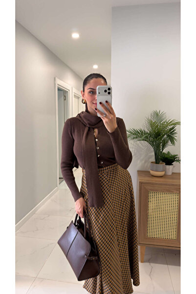 BİRCANÇİL Zr Kewira Brown Buttoned Shawl Detailed Cardigan