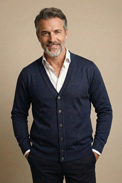 nacar çarşı Men's Father Navy Blue Buttoned Pocket Basic Knit Cardigan