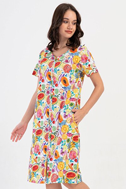 VİENETTA فستان منزلي نسائي بأكمام قصيرة وسحاب ونقشة صفراء 100% قطن C0T0N2804