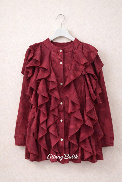 günay boutıque Burgundy Ruffled Jacquard Women's Shirt