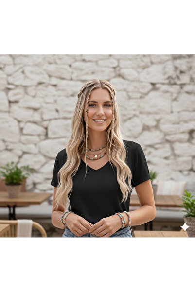 FAVORİST V-Neck Plain Unprinted Soft Fabric Women's T-Shirt