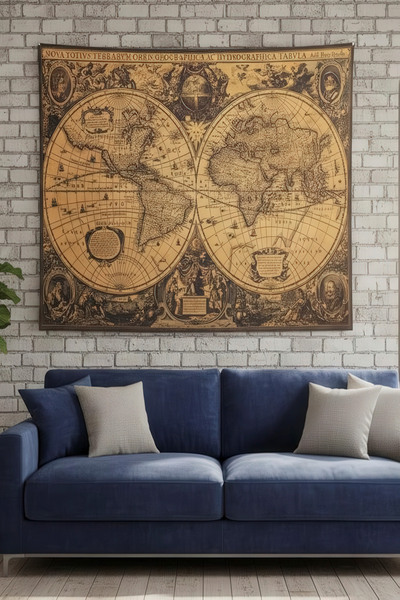 Nivendi Eskitme Antik Dünya Haritası Kumaş Duvar Örtüsü Ev Dekorasyon Duvar H...