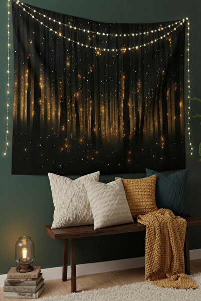 Nivendi Işıklı Orman ve Ateş Böcekleri Kumaş Duvar Örtüsü Ev Dekorasyon Duvar...