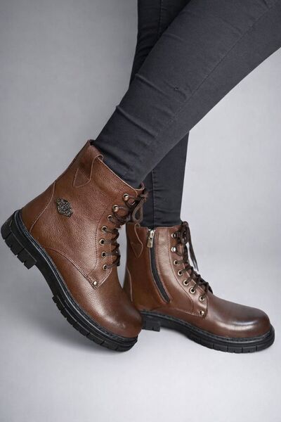 Trendlov Women's Genuine Leather Lace-Up Side Zipper Thick Sole Winter Boots