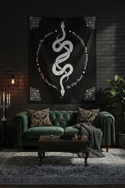 Nivendi Gotik Ouroboros Yılanı Siyah Beyaz Kumaş Duvar Örtüsü Ev Dekorasyon D...
