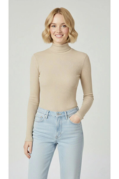 velmorafashion Velmora Premium Full Throated Corded Fabric Lycra Ribbed Knit Badi Thin Long Sleeve Sweater - Beige