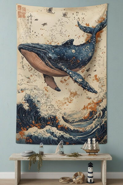 Nivendi Büyük Mavi Balina ve Okyanus Kumaş Duvar Örtüsü Ev Dekorasyon Duvar H...