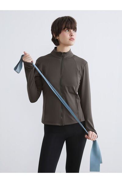 LC Waikiki Koor Sport Khaki High Collar Women's Zippered Sweatshirt with Fing...