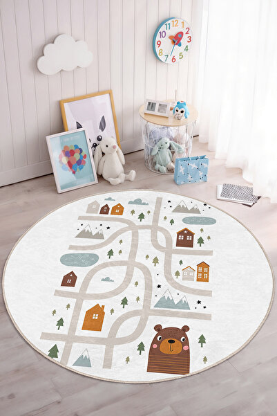 Realhomes Sevimli Ayı Desenli Yuvarlak Çocuk Odası Yıkanabilir Kaymaz Taban Halı