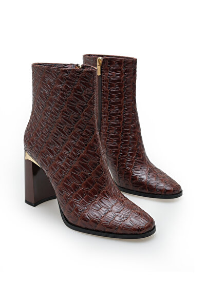 Women Lay-z Women's Brown Crocodile Patent Leather Square Toe 9.5 cm Heeled Stylish and Elegant Accessory Boots with Gold Heel Detail